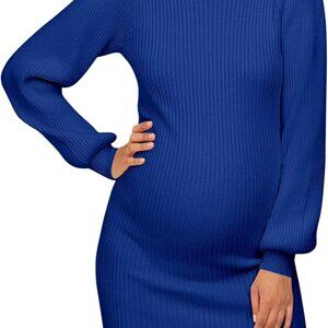 Maternity Sweater Dress for Pregnant Women Turtleneck Puff Sleeve Knit Slim Fit